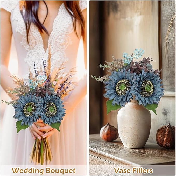 Silk Sunflowers Artificial Flowers with Mason Jar Centerpiece for Table Blue Fall Flowers in Vase Small Fall Floral Arrangement with Vase Thanksgiving Centerpiece for Dining Room Table Autumn Decor