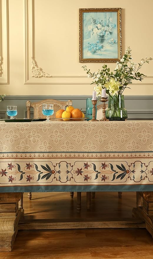patdrea Designer French Linen Long Tablecloth for Rectangle Table,Beige Anti-Wrinkle Floral Farmhouse Table Cloth,Decor Covers for Kitchen Dining,Tea Party,Christmas,Thanksgiving,63"x94"-Fram