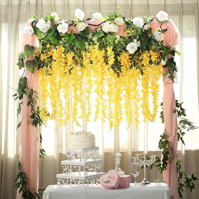 24 Pack Yellow Wisteria Hanging Flowers Garland, 3.77 Feet Artificial Flower Vines, Fake Wisteria, Artificial Vines Hanging Garland for Backdrop Outdoor Yard Garden Decor