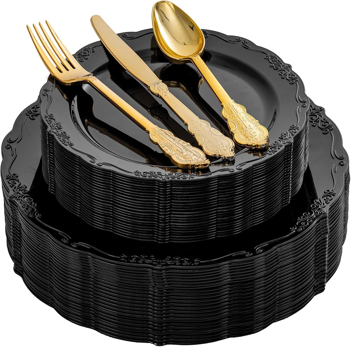 DaYammi 150Pcs Black Plastic Plates & Gold Plastic Silverware Set for Party