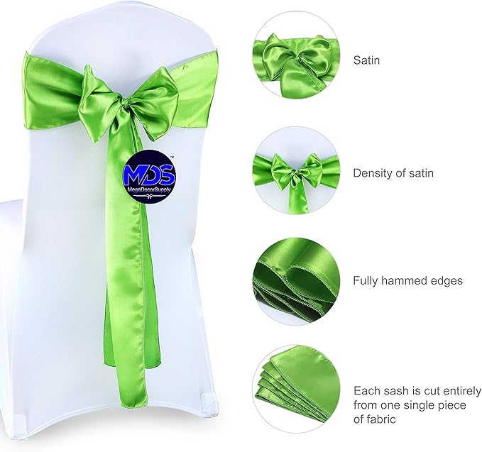 MDS Pack of 25 PCS Satin Chair Sashes Charmeuse Sateen Dining Chair Bows Ribbon Ties Back Sash for Wedding Party Birthday Home Hotel Restaurant Banquet Decoration (7 x 108 Inch, Parrot Green)
