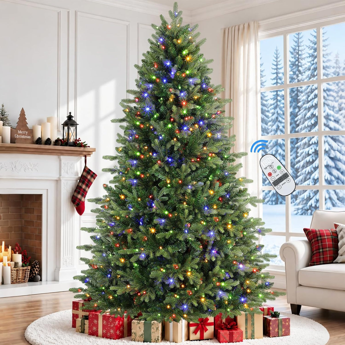 alupssuc 7ft prelit artificial full hinged christmas tree, front angle view