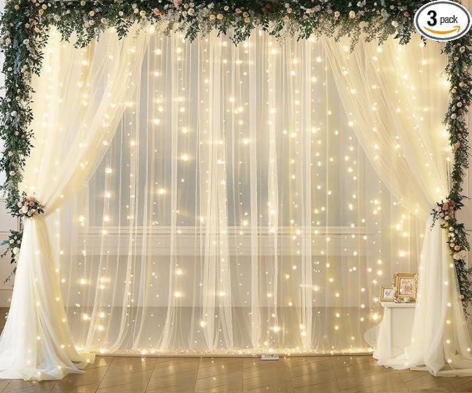 Ivory Tulle Backdrop Curtains with Lights String for Parites Wedding 20×10ft Ivory Sheer Backdrop Curtains for Baby Shower Birthday Party Photo Shoot Background Decorations(4 Panels 5ft×10ft)