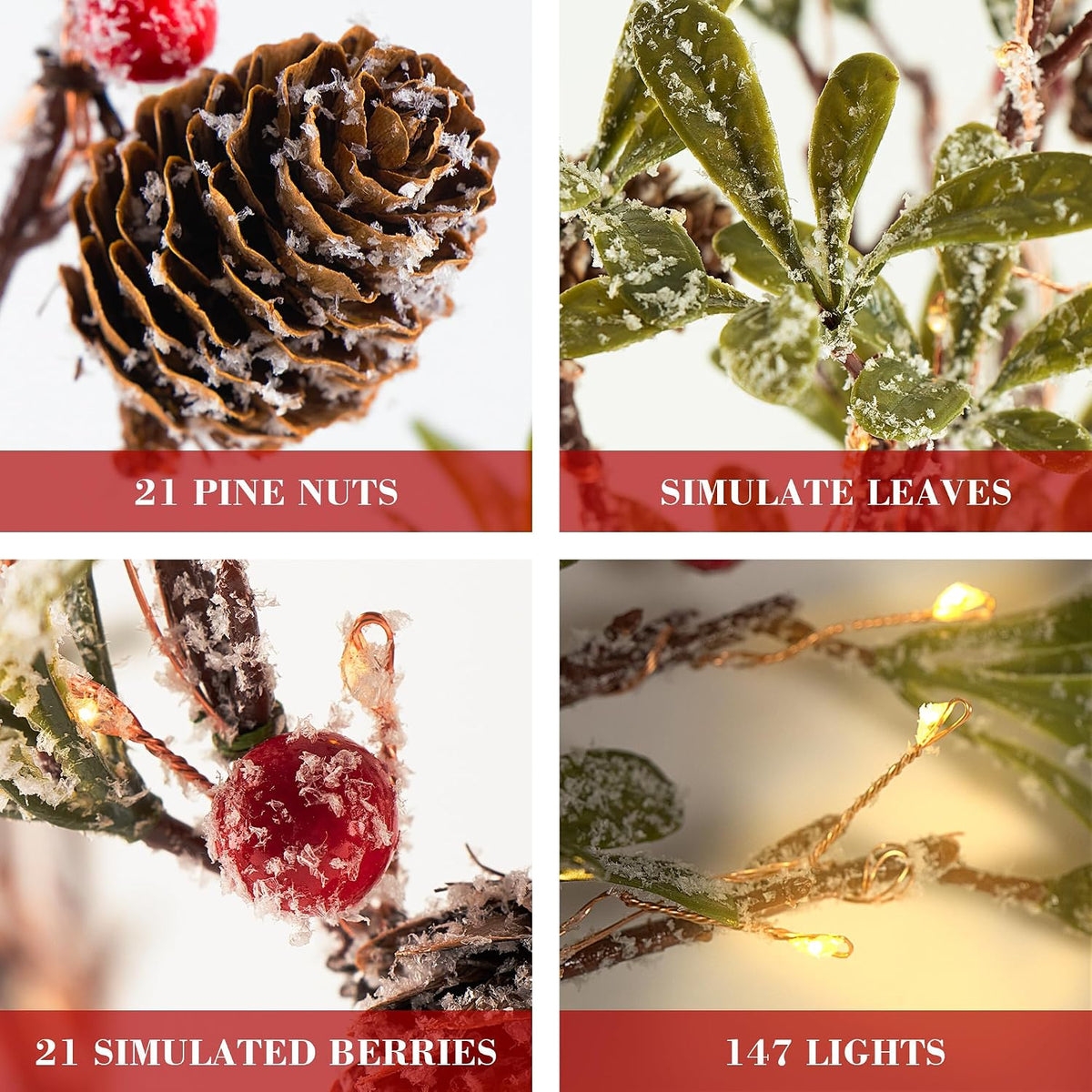 lighted christmas evergreen sprig branches tree, handmade leaf showing dimensions