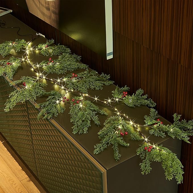 Birchlitland Christmas Garland with Lights Cadar Lighted Garland Battery Operated with Timer or USB Light 6FT 80 LED Fairy Lights, Faux Vine with Lights for Mantel Fireplace and Holiday Decor