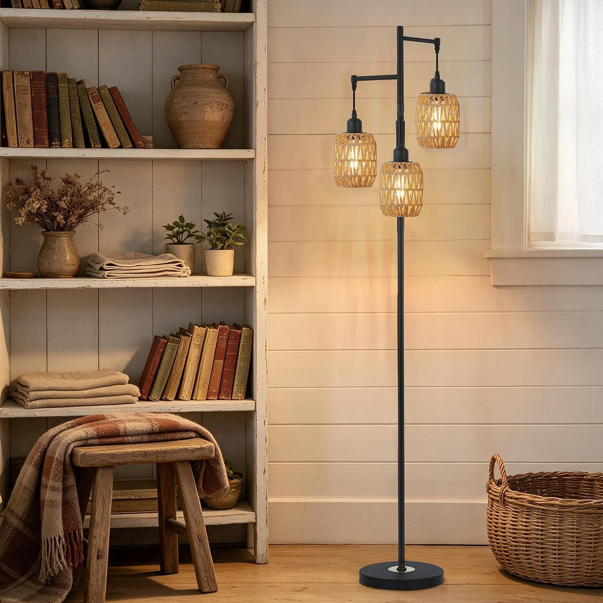 boho rattan tree floor lamp, black dimmable standing on a desk or shelf