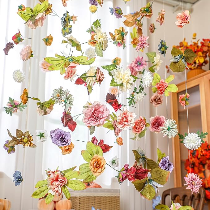 XunYee 6 Pcs 35.4 ft Flower Garlands Hanging Wildflower Backdrop Decoration Artificial Floral Garlands Fake Flower Vines Faux Silk Wildflower Decor for Halloween Fall Wedding Garden Wall Arch(Fall)