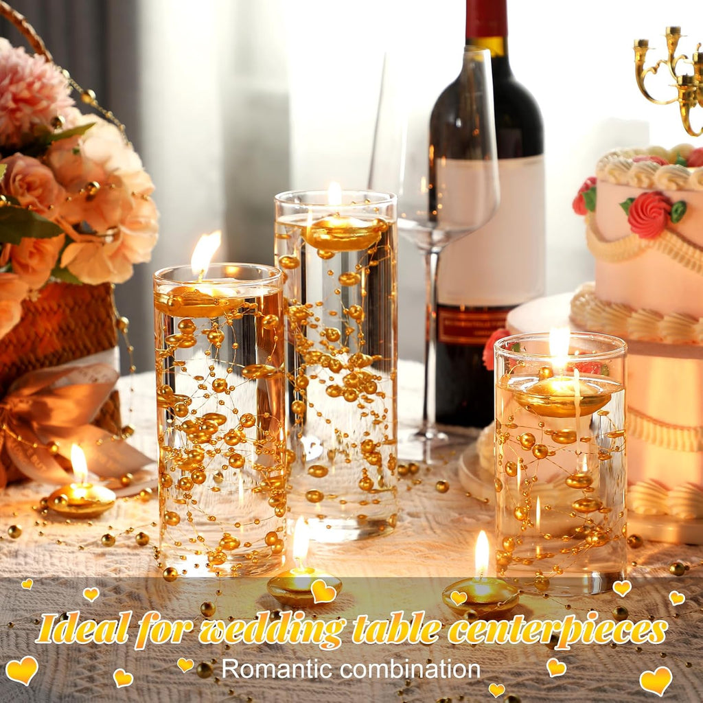 Fumete 40 Pcs Gold Floating Candle & Pearl String Set: 20 Unscented Wax Tealights (1.5") & 20 Faux Pearl Chains (4.4ft), Elegant Vase Filler for Wedding Centerpiece, Bridal Shower & Gala Dinners Decor