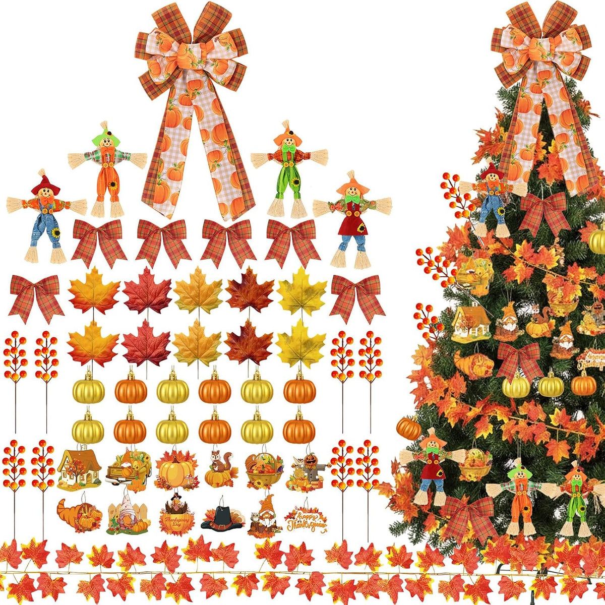 56 Pcs Thanksgiving Fall Tree Ornaments Decorations Large Fall Wreath Bows Tr...