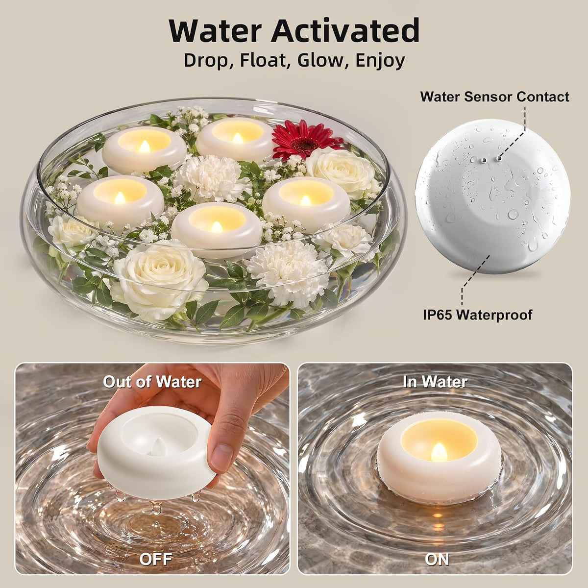 Rechargeable Flameless Floating Candles, 6 Pack Water Activated Tea Lights