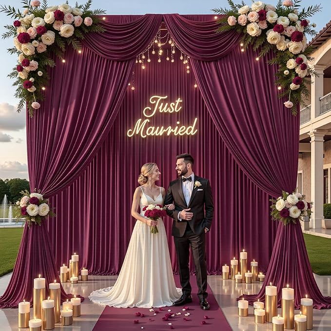 PartyVillage 20ft×15ft Burgundy Backdrop Curtain for Wedding Parties, 4 Panels Wrinkle Free 15 FT Long Polyester Photo Backdrop Drapes Back Drop Cloth for Birthday Photography Background