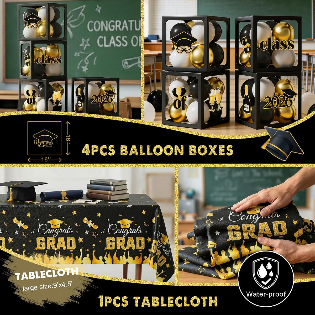 graduation party decorations 2026 kit, black gold congrats showing dimensions