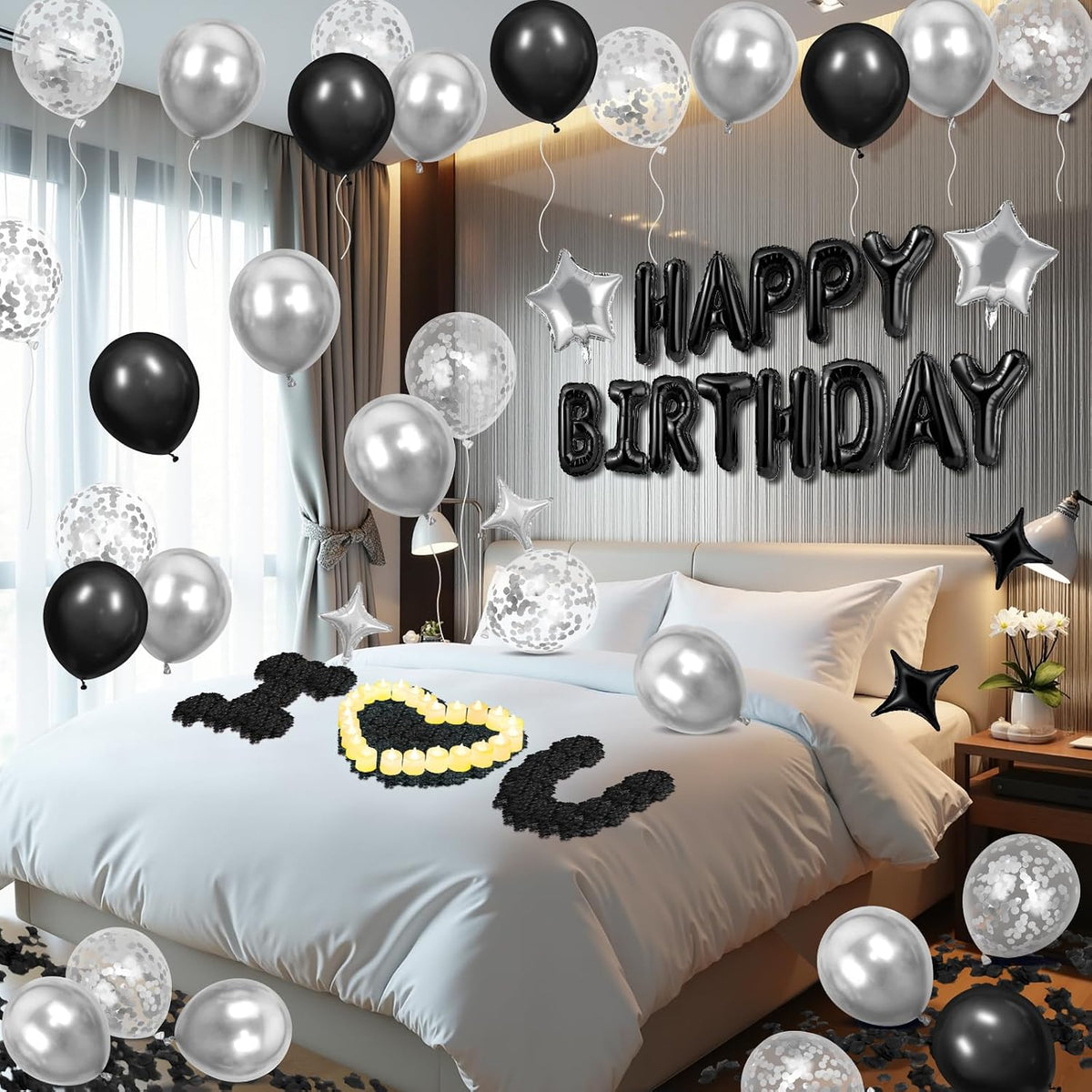 black happy birthday balloons decorations silver and black, package contents