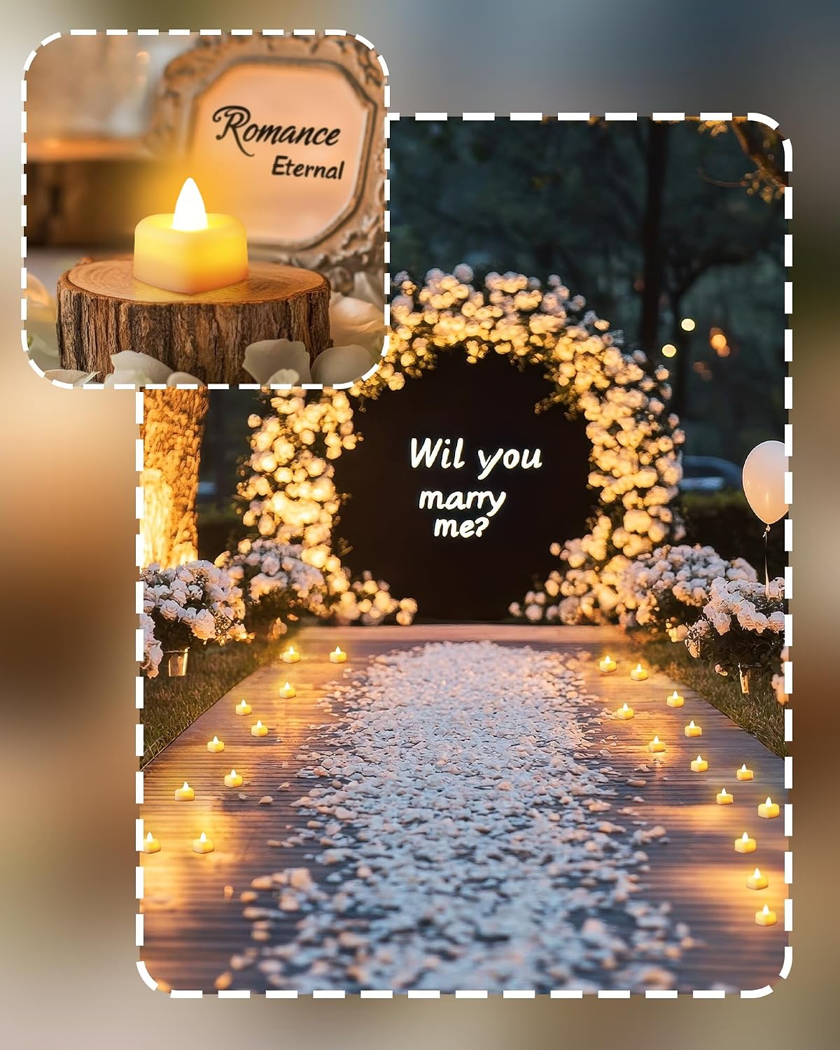 Homemory Rose Petals and Candles Set for Romantic Decorations Special Night, 2000 Pcs White Rose Petals with 24 Pcs LED Heart Candles Lights for Proposal, Anniversary, Birthday, Wedding Decor