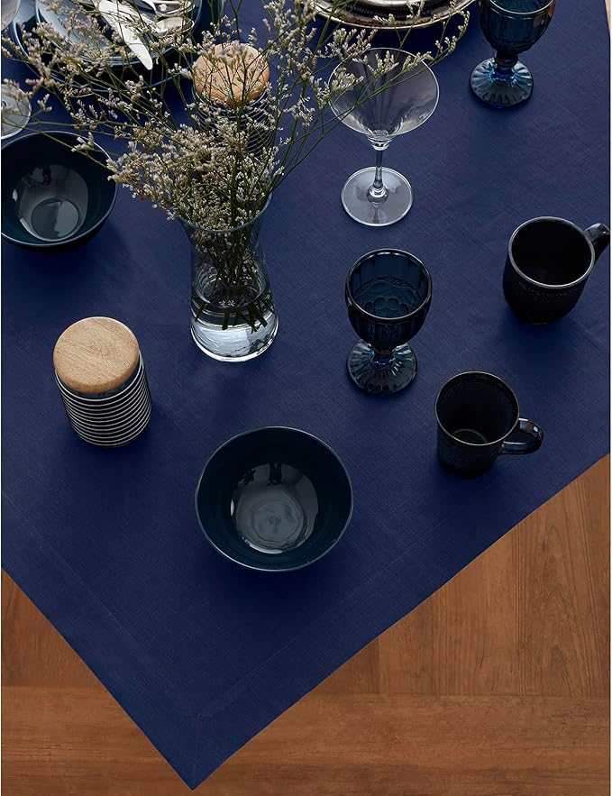 Solino Home Navy Blue Linen Tablecloth 52 x 52 Inch - 100% Pure Linen Square Table Throw - Fete, Machine Washable Table Cloth for Fall, Autumn, Thanksgiving, Christmas, Holiday