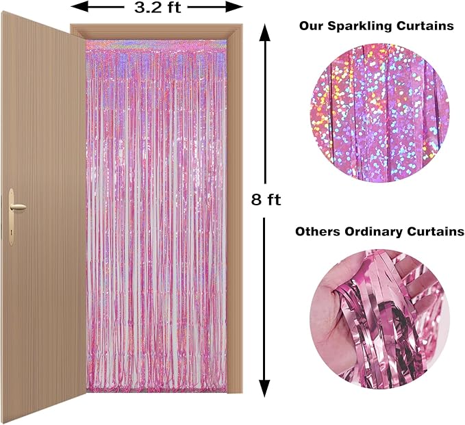 Melsan 3 Pack 3.2 x 8.2 ft Foil Fringe Curtains - Pink Tinsel Curtain Unicorn Birthday Hello Kitty Birthday Decorations Photo Backdrop for Party Decoration Engagement or Bachelorette Party Supplies