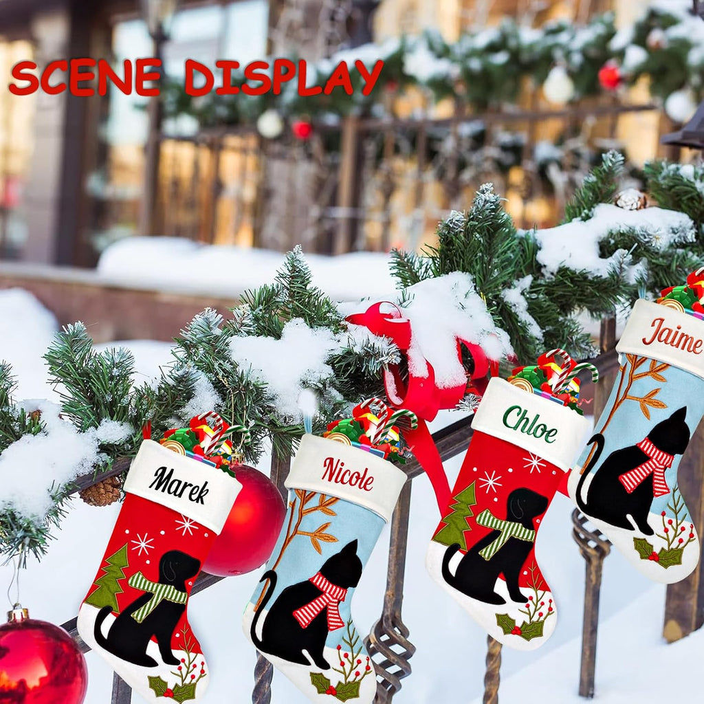 Personalized Cat and Dog Christmas Stocking, Customizable Name 17'' Pet Stocking, Black Cat and Dog Pattern Christmas Stocking, Home Mantel Holiday Hanging Decoration (1 Pack)