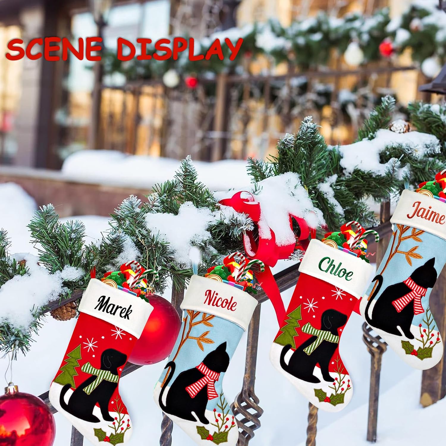 Personalized Cat and Dog Christmas Stocking, Customizable Name 17'' Pet Stocking, Black Cat and Dog Pattern Christmas Stocking, Home Mantel Holiday Hanging Decoration (1 Pack)