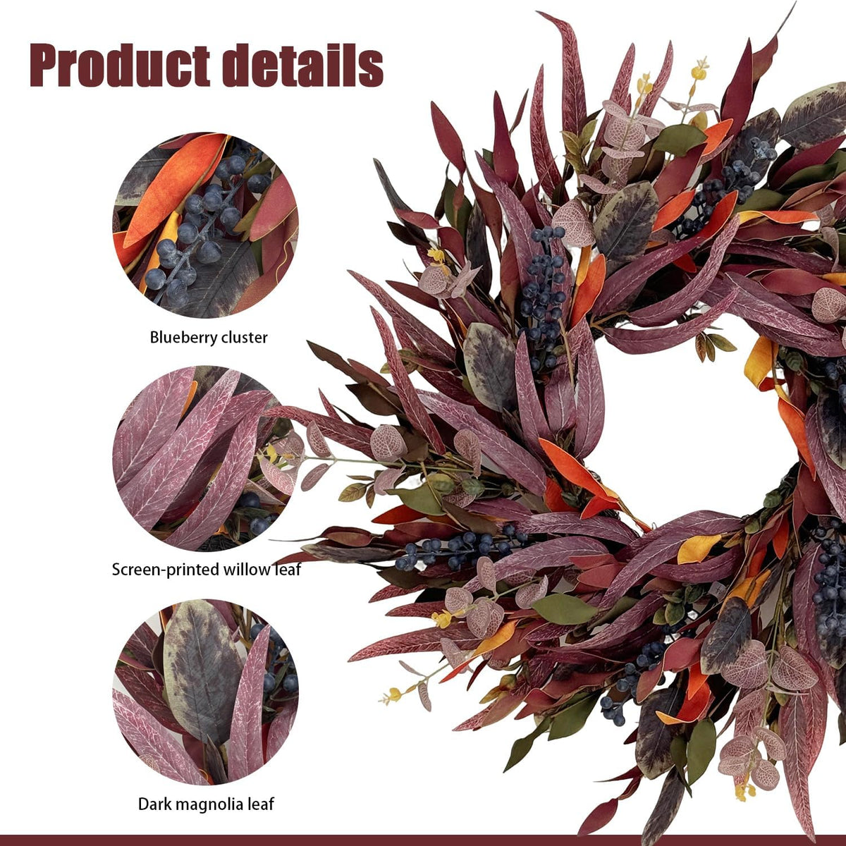 26 inch fall wreaths for front door, eucalyptus, close-up detail