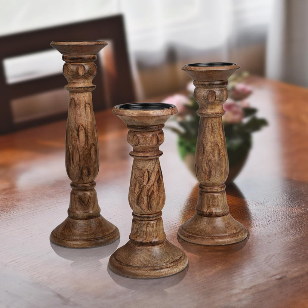 Rustic Wooden Candle Holder Set of 3, Hand-Carved Mango Wood with Elegant Design, Vintage Unique Carving Home Décor Pillar & Tea Light Candle Stands, Boho Chic Accent - 14,12,10 Inch Burnt