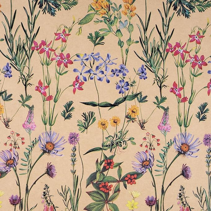 RUSPEPA Wild Flower Wrapping Paper Roll for Women, 17 Inches x 32.8 Feet, Mini Roll, Kraft Floral Design Wrapping Paper for Christian Gifts, Birthdays, Weddings, Bridal Shower and Engagement