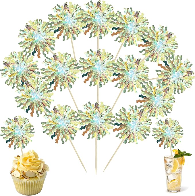 Ephlyn 30Pcs Foil Firework Cupcake Toppers Sparkle Tinsel Cupcake Picks Firework Cake Decorations Cocktail Food Fruit Toothpicks for Baby Shower Graduation Party Supplies White