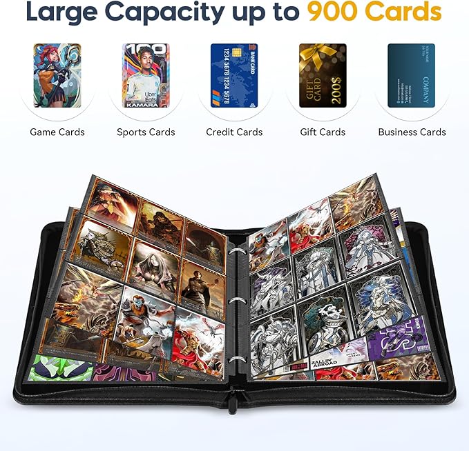 9 Pocket Card Binder, 900 Double Sided Pockets, PU Collection Binder for MTG, TCG, Sports Cards, Black (Black)