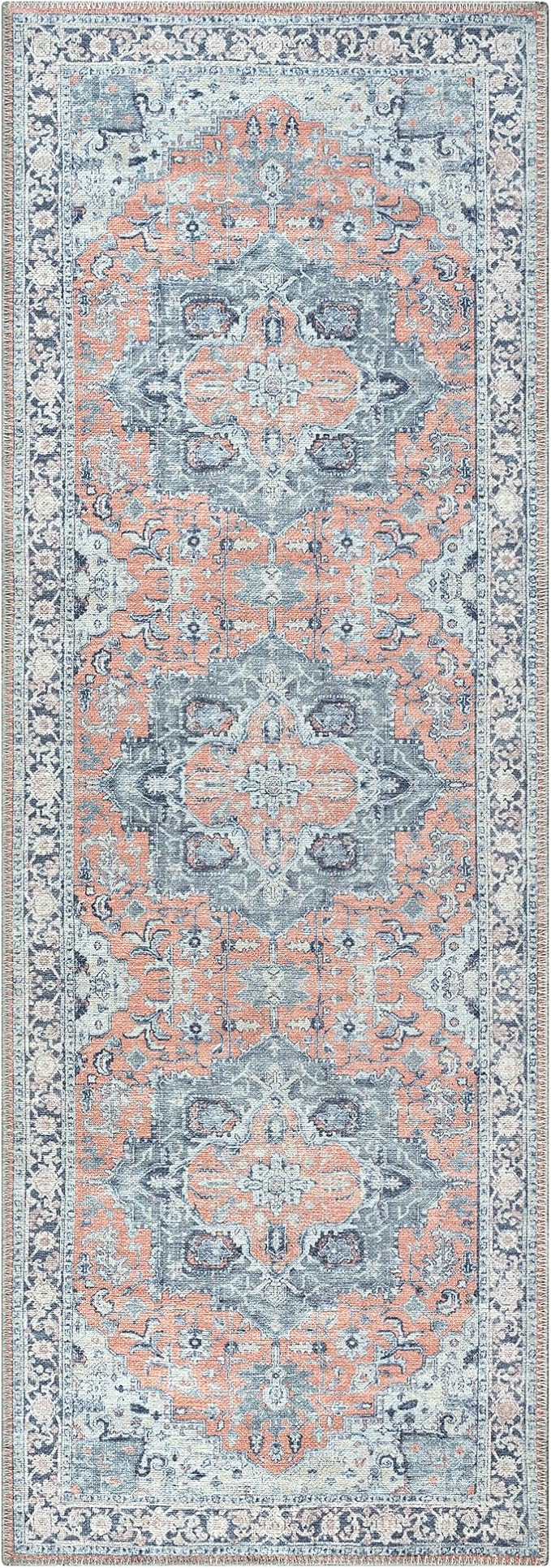 Bloom Rugs Washable Non-Slip 7 ft Runner - Coral/Blue Traditional Medallion Runner for Entryway, Hallway, Bathroom, and Kitchen - Exact Size: 2.5' x 7'