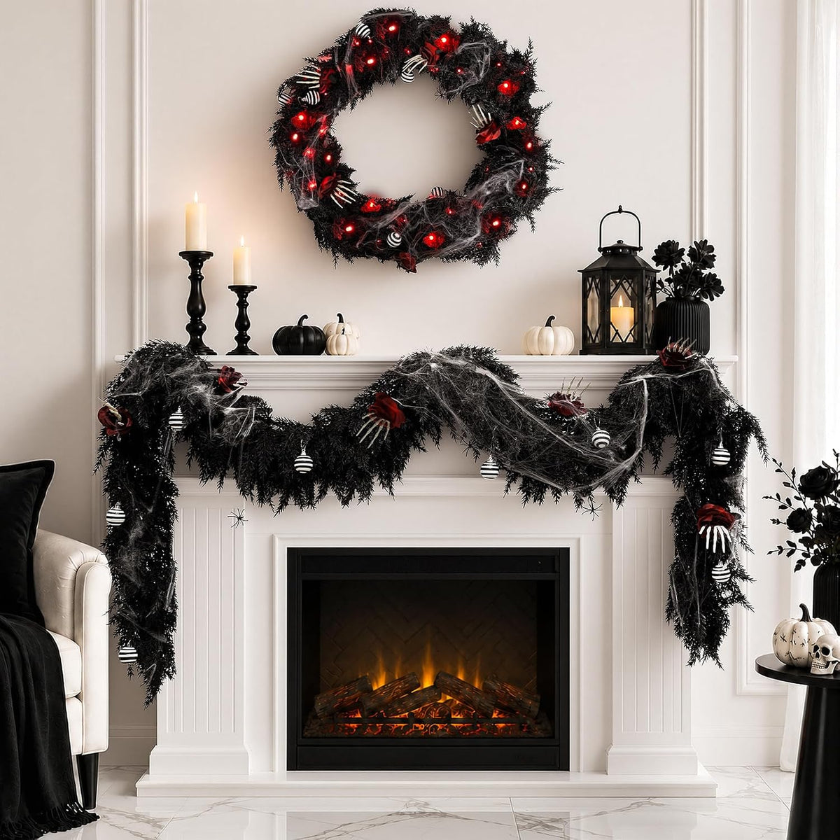 9ft black garland with lights and ornaments prelit, front angle view