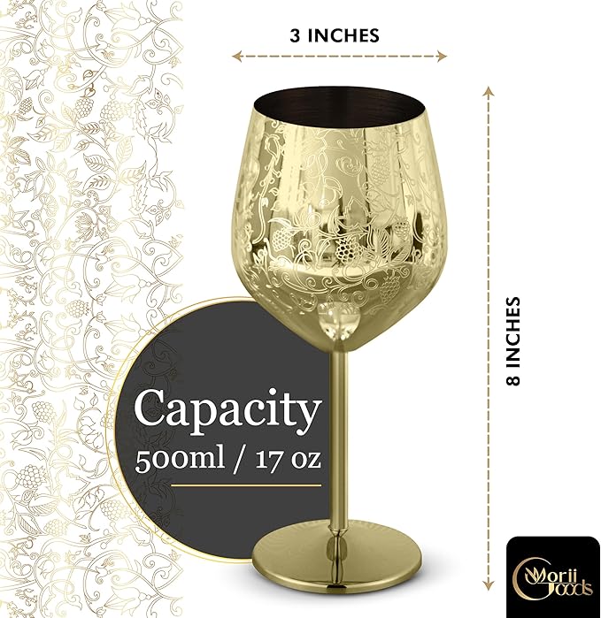 Stainless Steel Wine Glasses - Set of 2 Etched 16 oz Metal Goblets, Unbreakable Gold Cups for Camping, Travel, Outdoor Events, Picnics, Luxury Wine Gifts for Women and Men
