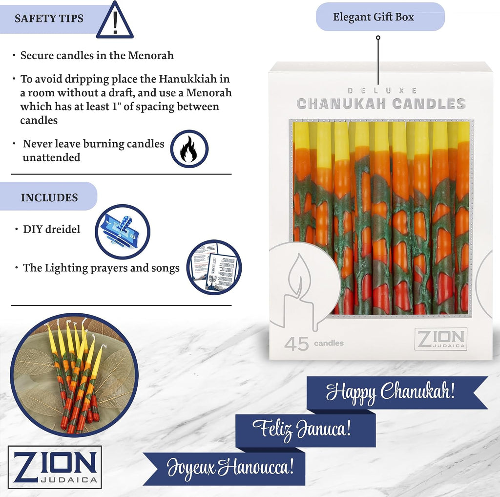 Zion Judaica Deluxe Chanukah Candle Set Blaze of Fire 45 Hand Made Thin Long Decorative Hanukkah Candles for Menorah Includes Prayer Card and DIY Dreidel Décor Candles for Parties Celebrations