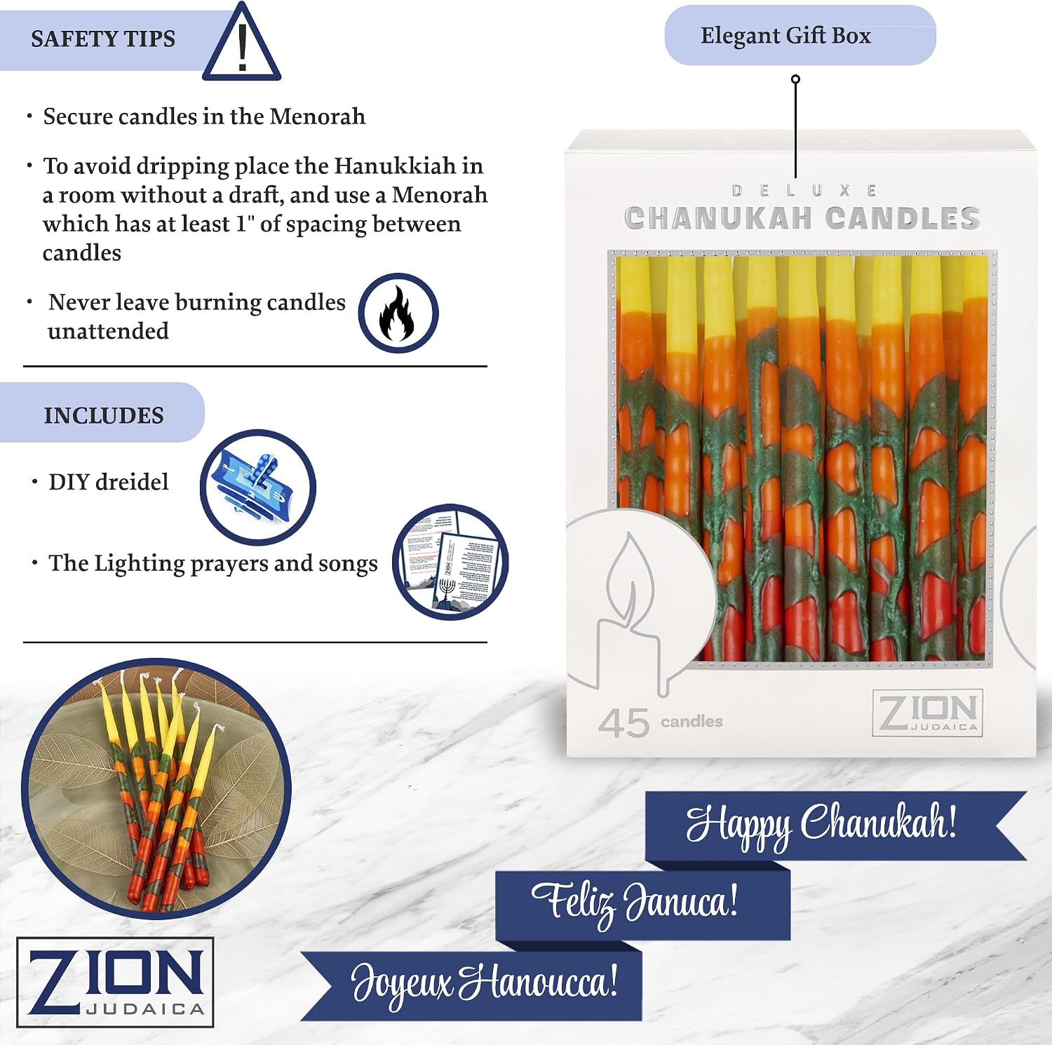 Zion Judaica Deluxe Chanukah Candle Set Blaze of Fire 45 Hand Made Thin Long Decorative Hanukkah Candles for Menorah Includes Prayer Card and DIY Dreidel Décor Candles for Parties Celebrations