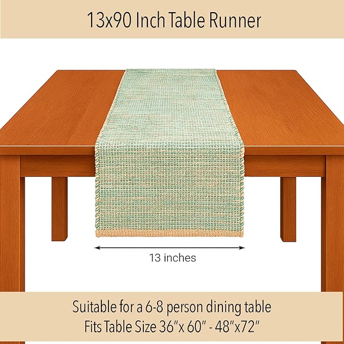 Chardin home Natural Jute Table Runner 13x90 Inch – Vintage Boho Rustic Table Decor – Handwoven Table Runner in Natural Jute and Sage Green-White – Farmhouse Dining or Console Table Accent