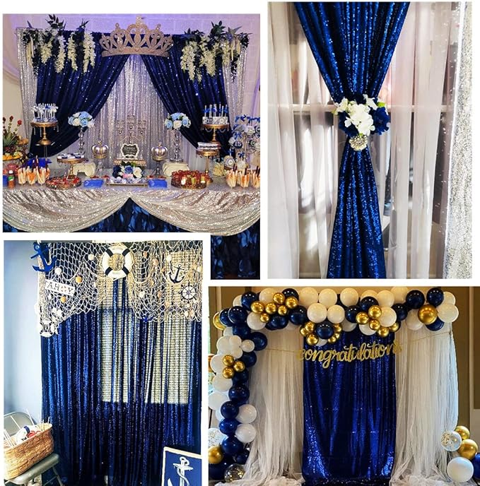 Poise3EHome 2ft x 8ft Blue Sequin Photography Backdrop Curtains 2 Panels for Party Decoration, Navy Blue