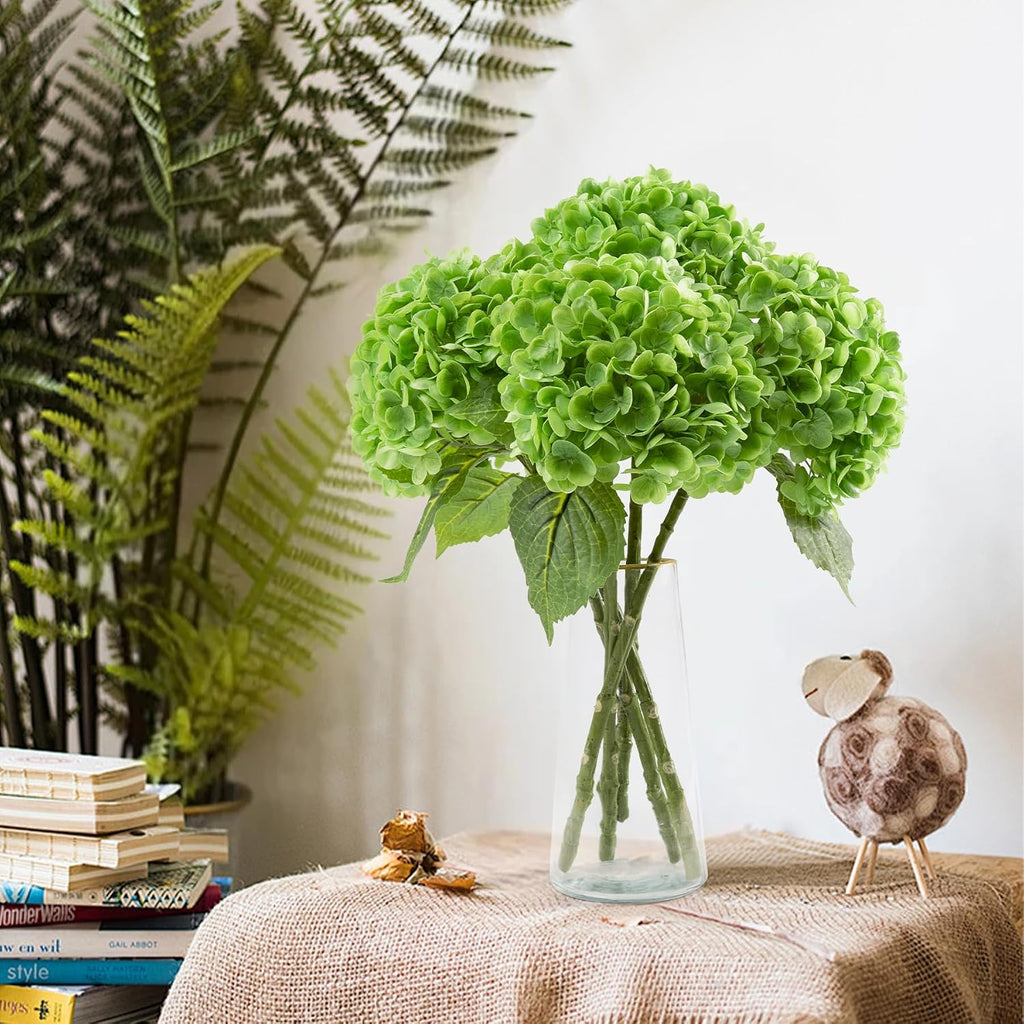 green hydrangea artificial flowers, latex real touch hydrangeas, front angle view