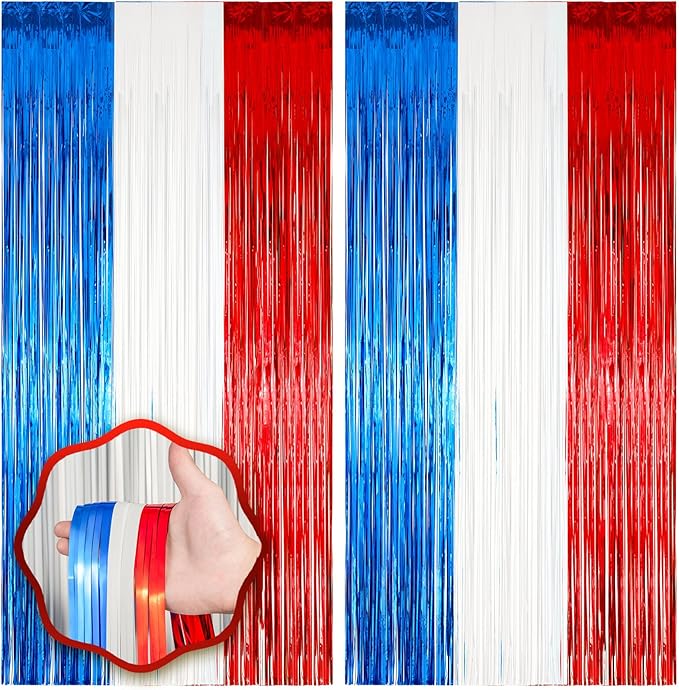 2 Pack Red White and Blue Foil Fringe Backdrop Curtains, Tinsel Streamers Party Decorations, Fringe Backdrop for Patriotic, Memorial Day, 4th of July, Independence Day