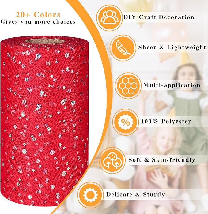 Glitter Tulle Rolls, 6' by 50 Yards (150FT) Sequin Tulle Netting Fabric for Tutu Skirts Sewing Birthday Wedding Party Decoration (Red)