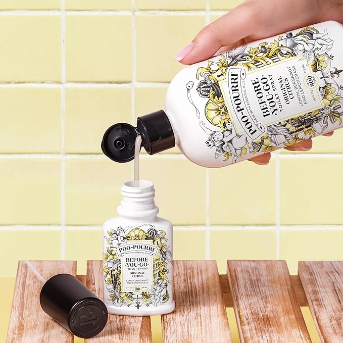 Poo-Pourri Before-You-Go Toilet Spray, Original Citrus, 2 Fl Oz, Up to 100 Uses, Bathroom Odor Deodorizer with Essential Oils for Home or Work, Travel Essentials, TSA Approved Size, Lemon Bergamot