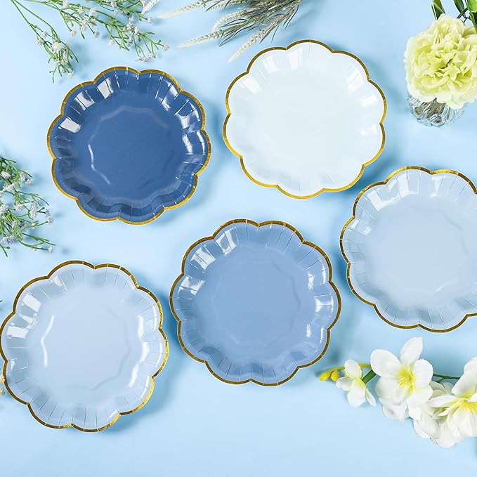 Dusty Blue Party Plates Gradient Blue Dessert Paper Plate 7inch Gold Foil Scalloped Edge Disposable Cake Plates for Father’s Day Birthday Bridal Baby Shower Wedding Party Supplies