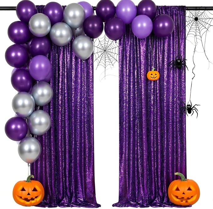 Purple Halloween Backdrop - Sequin Backdrop 2 Pieces 3x8FT Purple Glitter Drapes Fabric for Photography Wedding