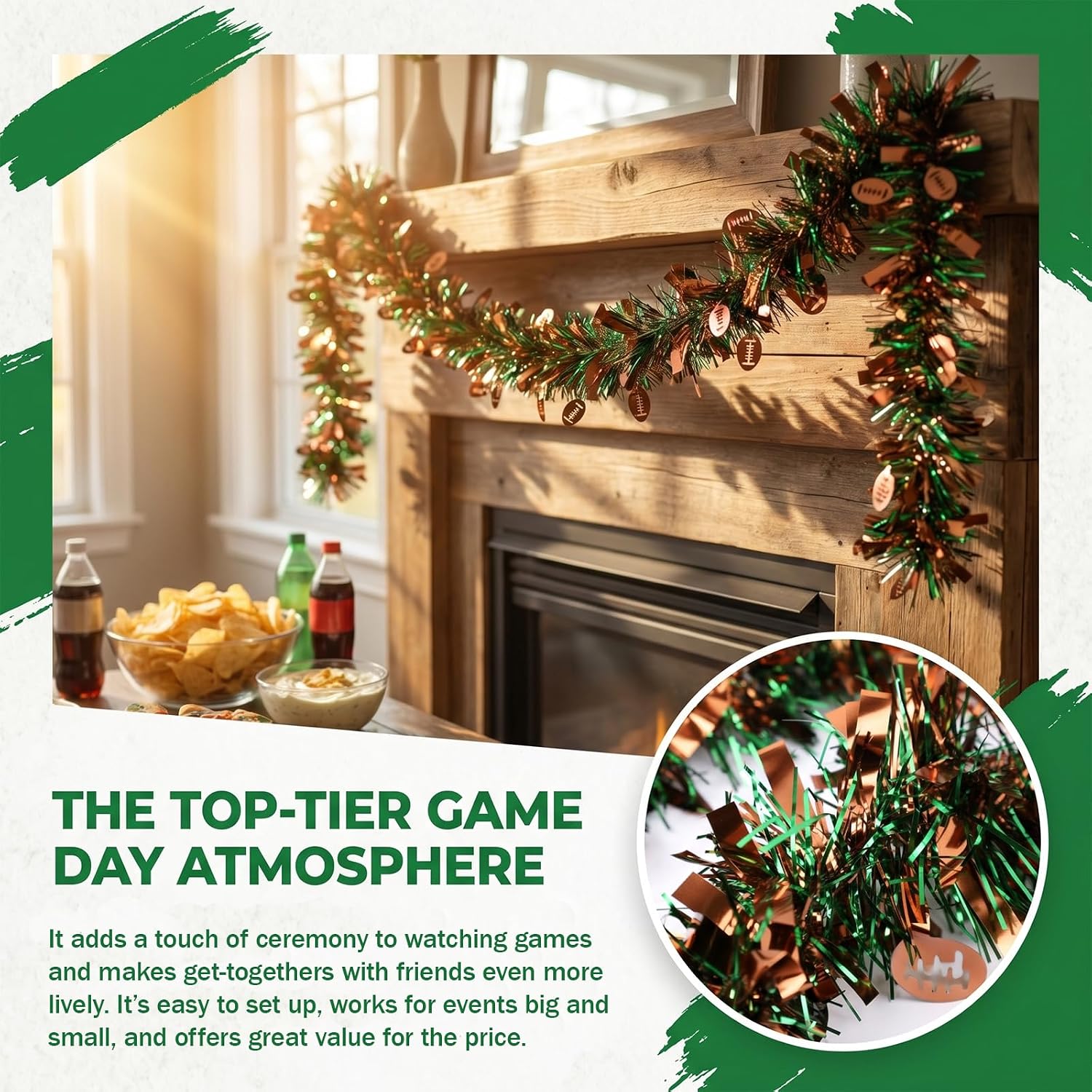 4Pcs Football Tinsel Garland Glitter Vine with Rugby for Football Party | Each 5.56 FT Glitter Hanging Metallic Foil Textured Vine with Rugby for Birthday Party Bowl Game Wall Decor