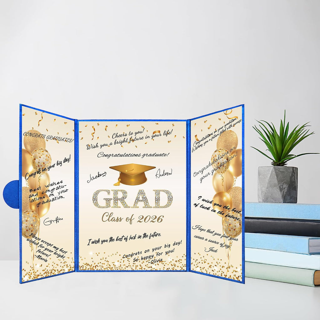 DARUNAXY Blue Gold Graduation Party Decorations, Blue Class of 2026 Congratulations Graduates Alternative Signature Guest Book for Men Happy Graduation Gifts Congrats Grad Party Signing Card Board