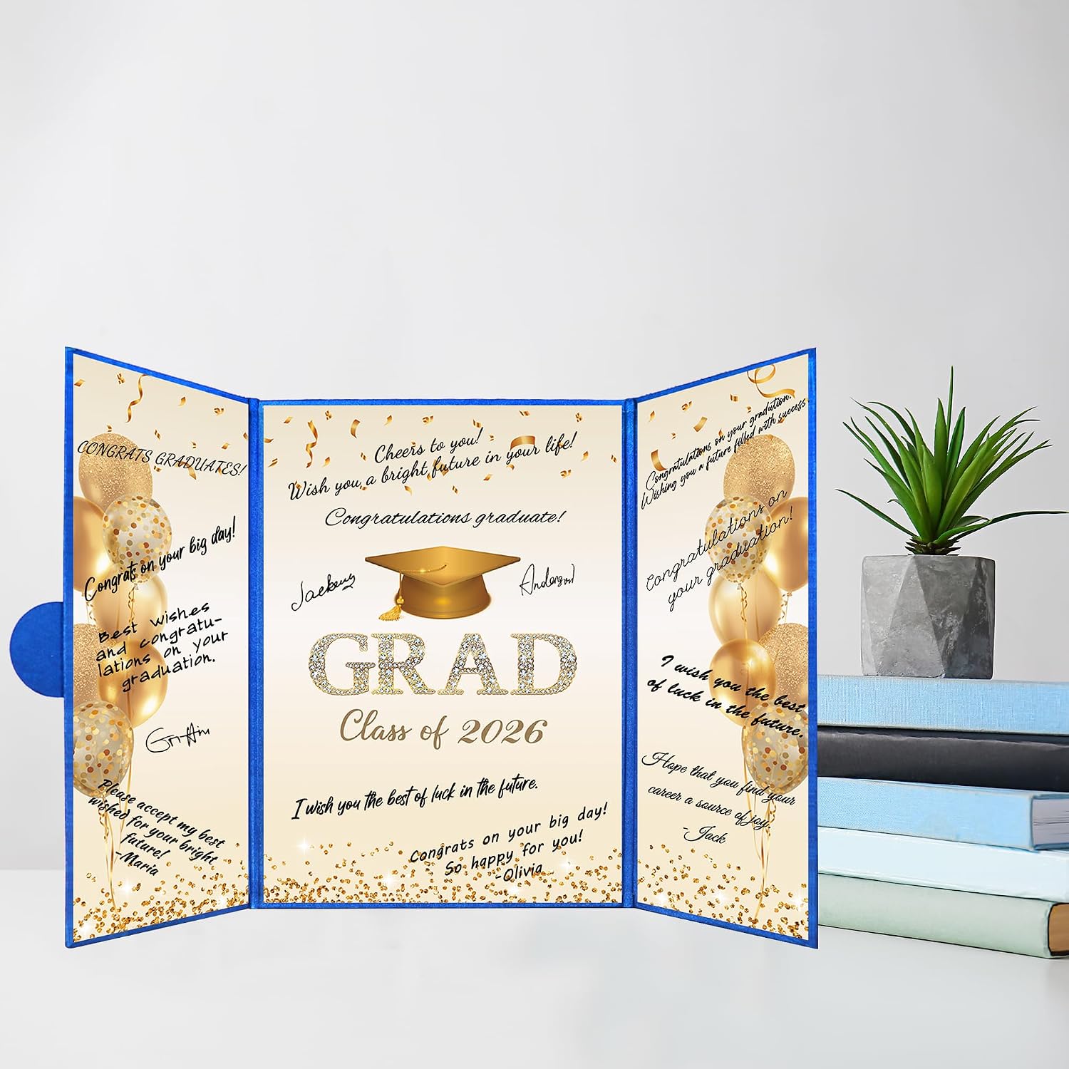 DARUNAXY Blue Gold Graduation Party Decorations, Blue Class of 2026 Congratulations Graduates Alternative Signature Guest Book for Men Happy Graduation Gifts Congrats Grad Party Signing Card Board