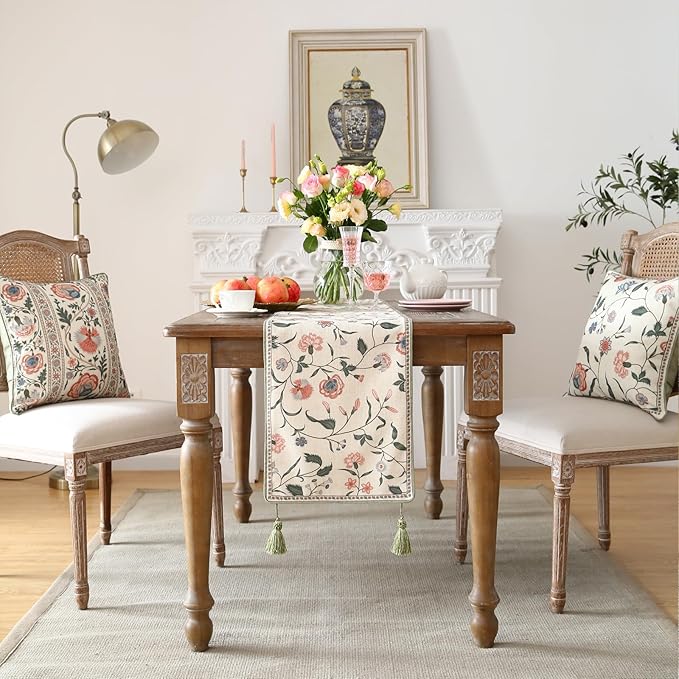 ISAENNE Designer Chinoiserie Elegant Linen Floral Extra Long Table Runner 118 Inches,White Wrinkle Resistant Table Runners for Dining Tables,Thanksgiving,Kitchen Tables,Christmas,12"*118"-Daffy A