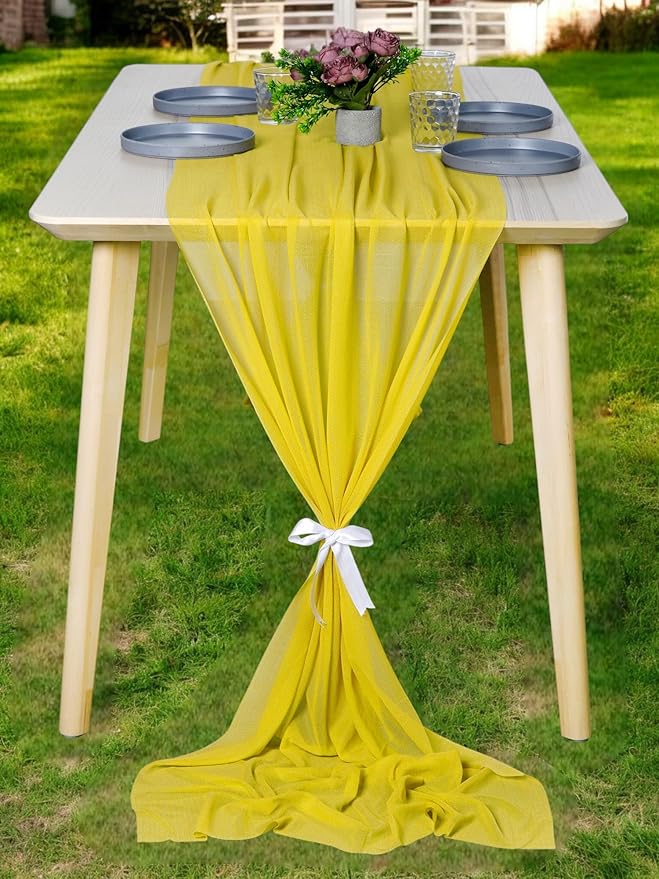 MDS 5 Pack 10ft Chiffon Table Runner 29 x 120 Inches Sheer Wedding Runner Romantic Rustic Table Runner for Wedding Decorations, Birthday Parties, Bridal Shower Party Arch Decor - Yellow