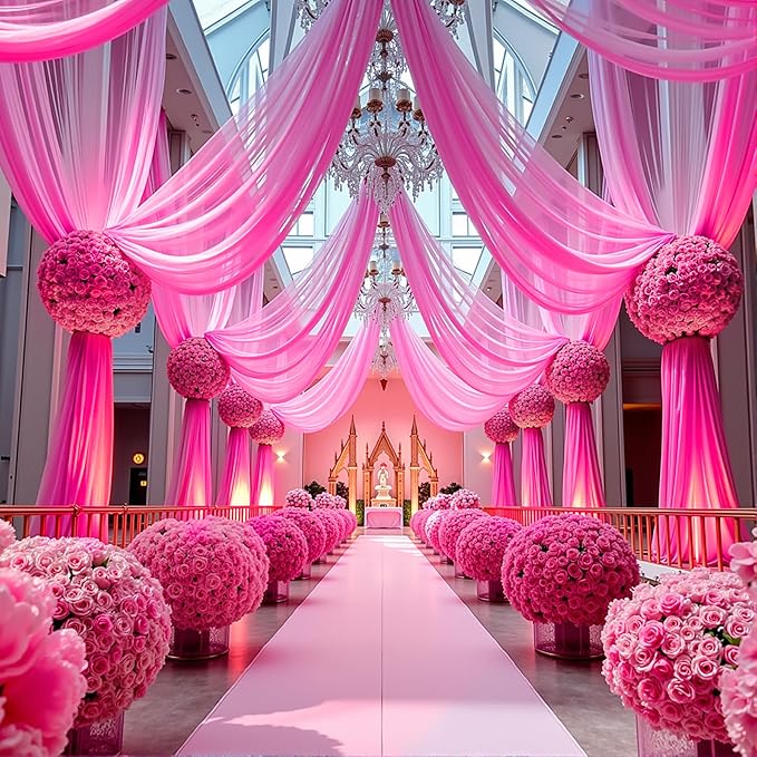 Wedding Arch Draping Fabric,2 Panels 18FT Hot Pink Sheer Chiffon Curtain Drapes 6 Yards for Wedding Ceremony Birthday Party Decoration