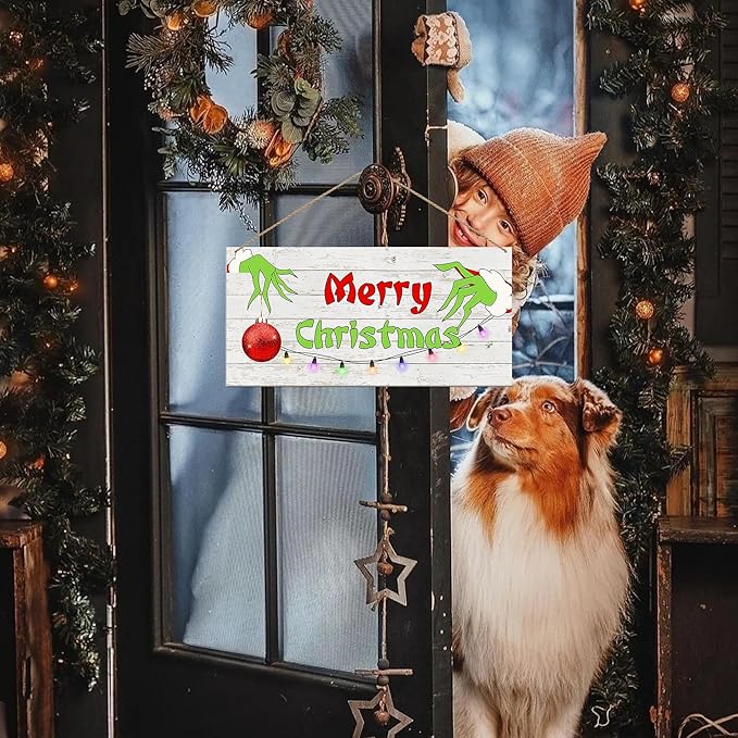 Merry Christmas Hanging Door Sign, Crazy Funny Green Festive Wooden Wall Welcome Decor Winter Farmhouse Style Outdoor Indoor Xmas Tree Ornaments for Home Office Holiday Party