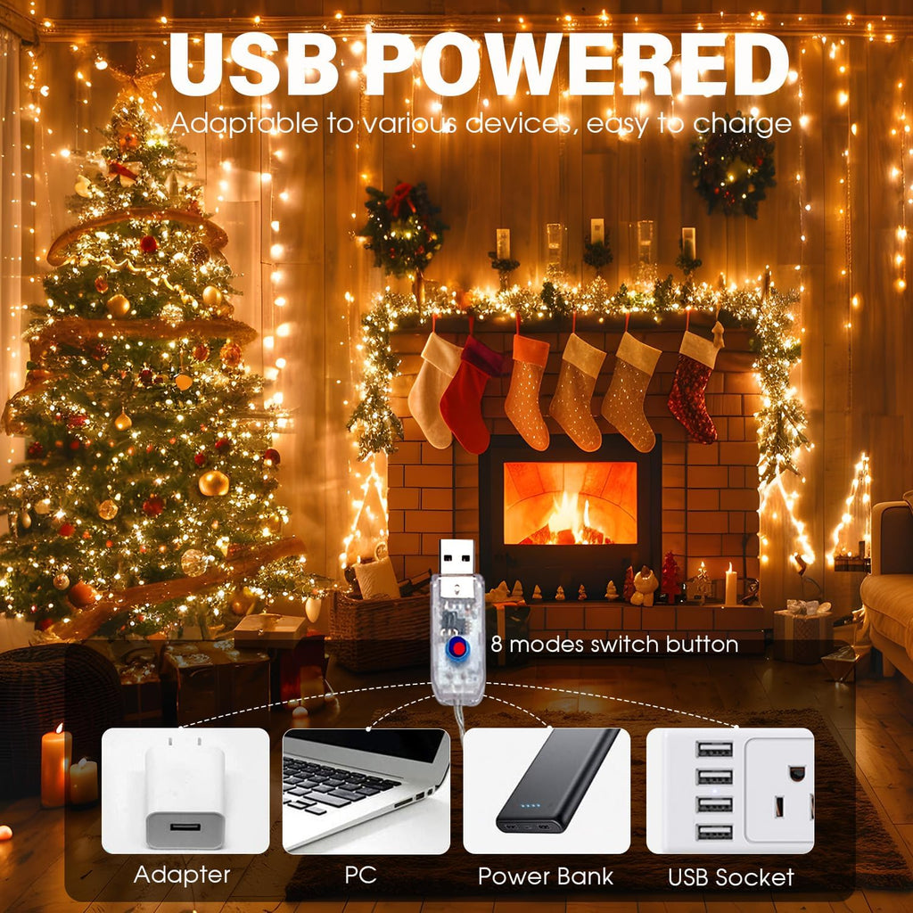 Fairy Lights Plug in 66FT 200 LED USB Twinkle Lights for Bedroom Copper Wire Lights with Remote and Timer 8 Modes, Waterproof String Lights for Dorm DIY Party Christmas Decoration（Warm White）