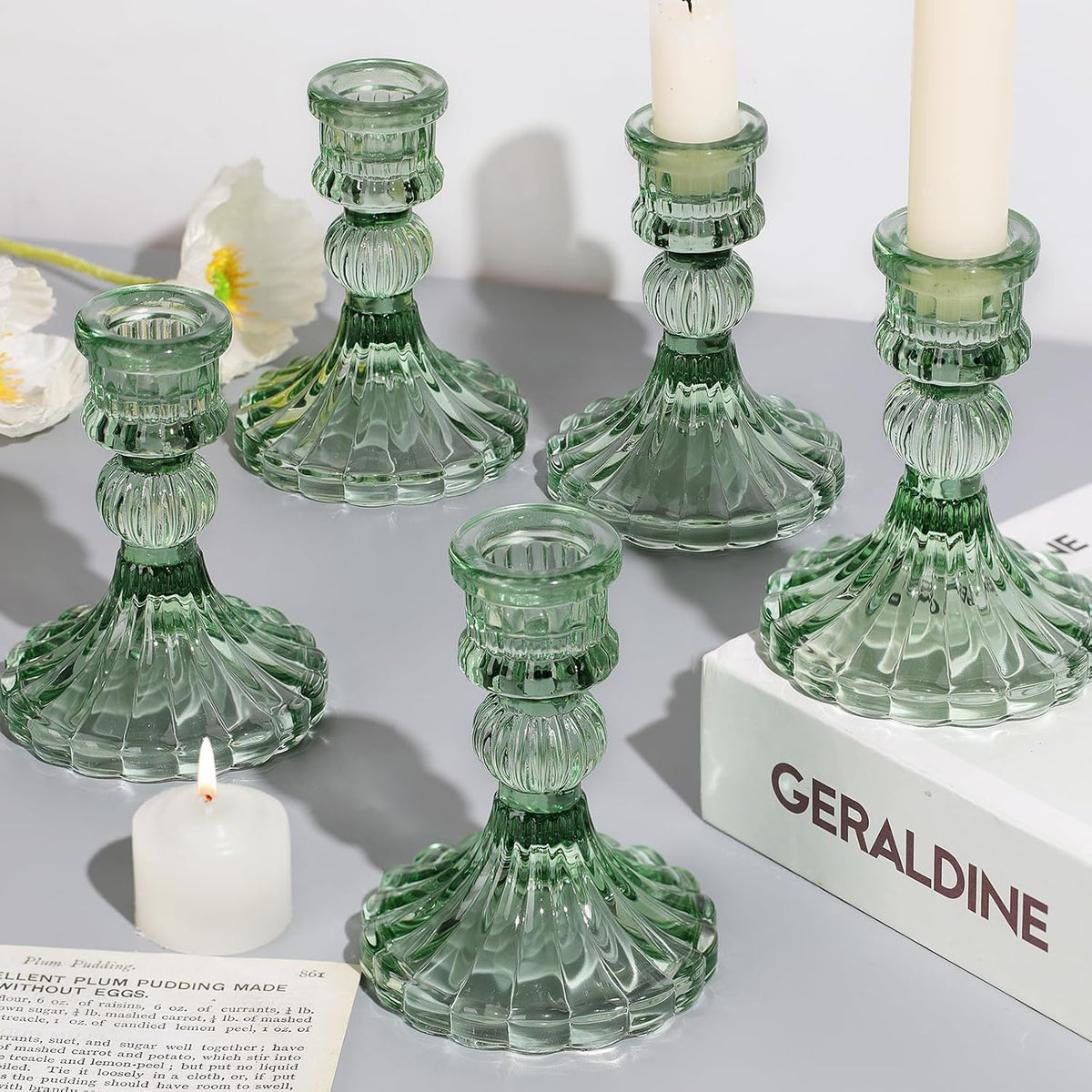 12PCS Green Candlestick Holders Set- 4" H Taper Candle Holders, Glass Ca...
