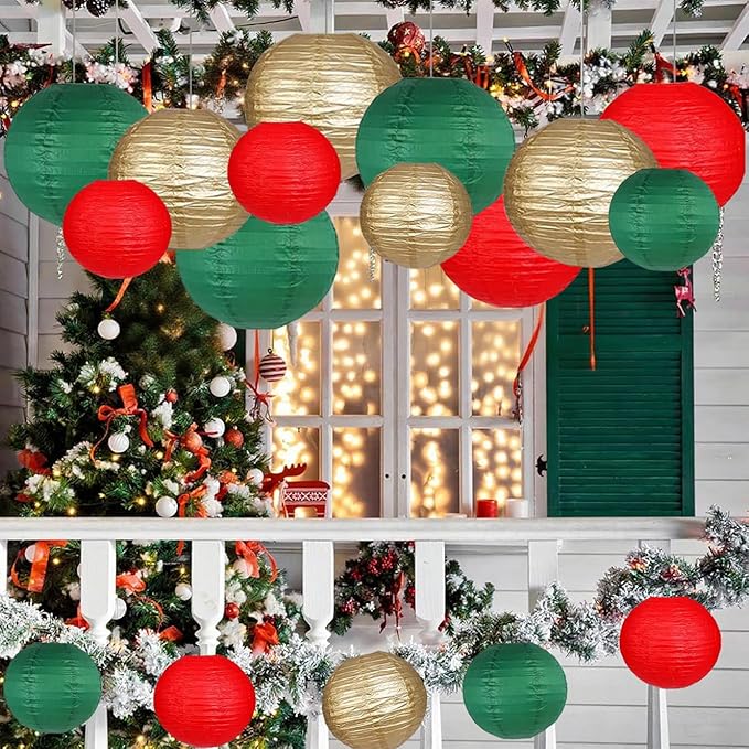 Green Red Paper Lanterns Decorative 12pcs Christmas Hanging Decorations for Graduation Anniversary Birthday Party